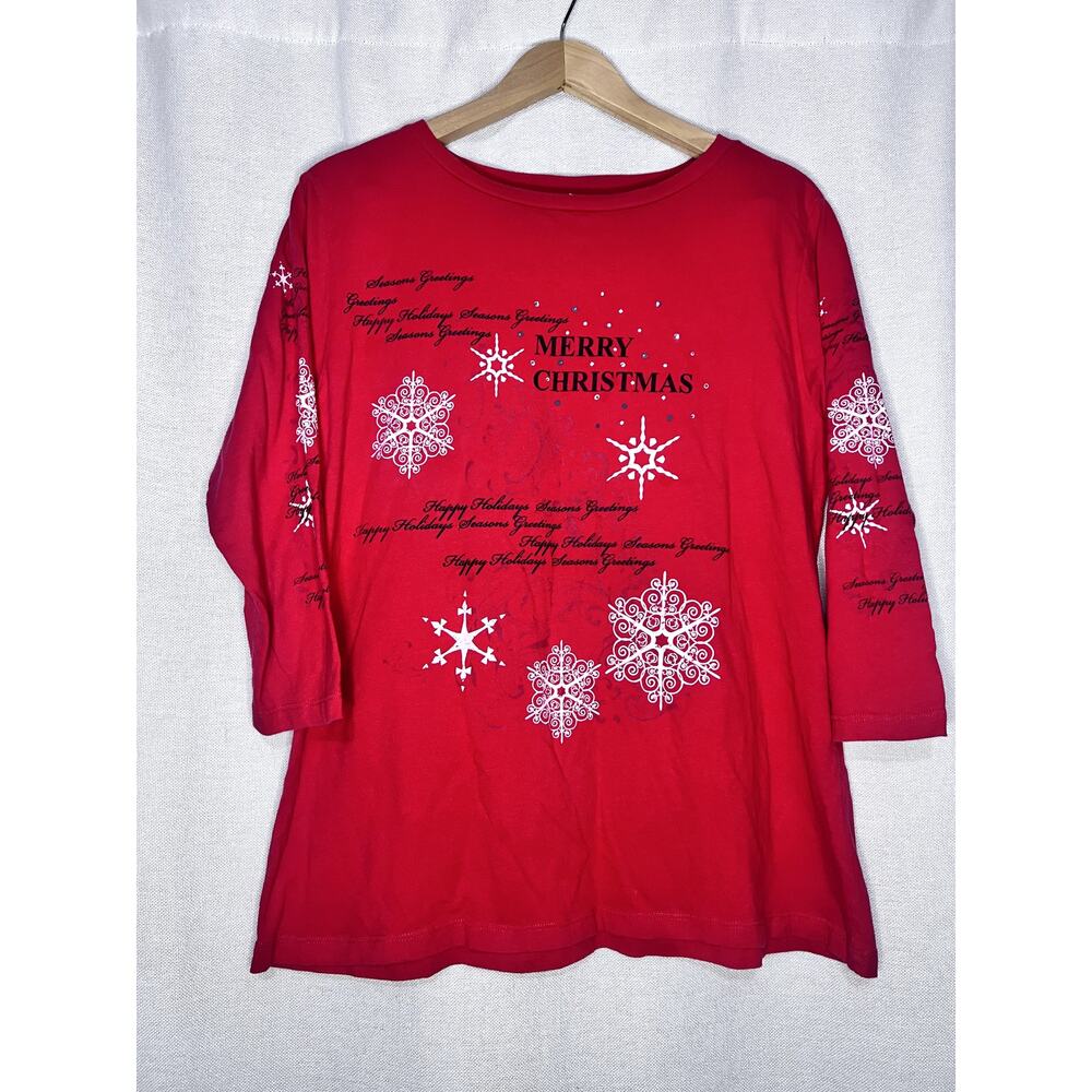 Bella Red Crewneck 3/4 Sleeve White Snow Holiday Christmas Blouse‎ Top